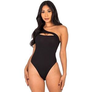NEW Capella Medium Black Bodysuit Ribbed Knit One Shoulder Cut-out neck